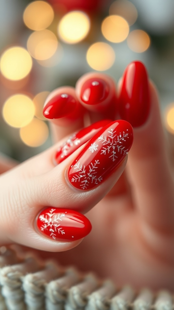 Short Almond Red Christmas Nails Short almond red nails with snowflake designs and glitter, set against a festive holiday background.